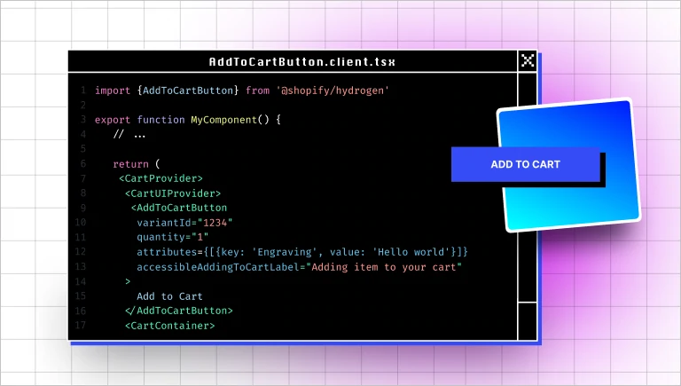 A visualization of a .tsx file showing the ease of adding an Add to Cart button to a customized storefront