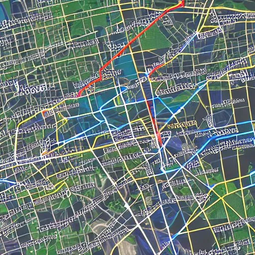 An illustrative city map of an unidentified city showing highlighted streets and some topography, but with no labels.