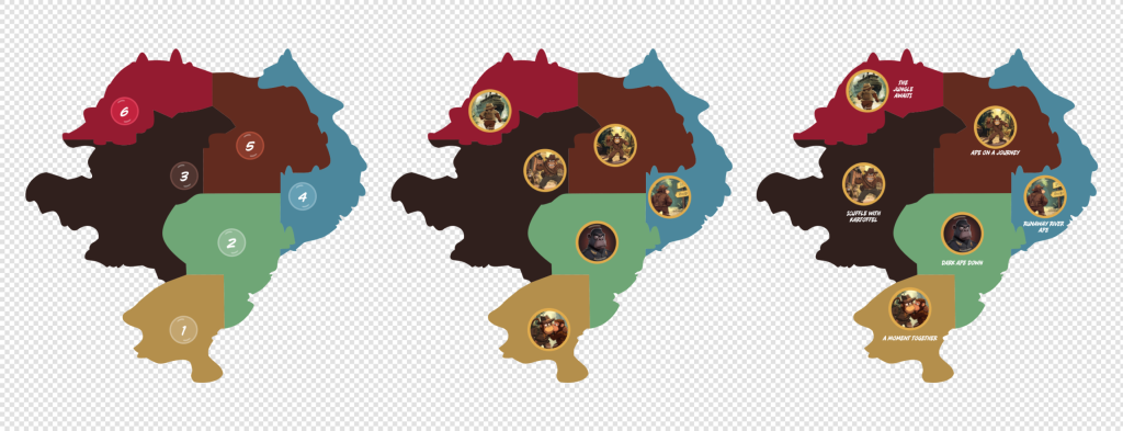 The illustrated regions of the cartoon map in three states, from left to right: annotated, with visual markers, and with both visual markers and labels.