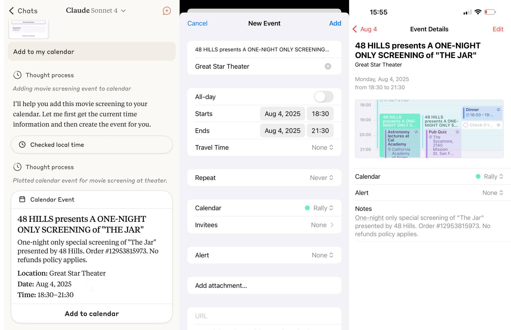 Screenshot of a calendar event creation interface showing three panels: left panel displays Claude Sonnet 4 chat with "Add to my calendar" section, thought process noting "Adding movie screening event to calendar" and "Plotted calendar event for movie screening at theater", and a calendar event preview for "48 HILLS presents A ONE-NIGHT ONLY SCREENING of 'THE JAR'" at Great Star Theater on Aug 4, 2025, 18:30-21:30; center panel shows "New Event" dialog with Cancel/Add buttons, event title "48 HILLS presents A ONE-NIGHT ONLY SCREENING...", location "Great Star Theater", All-day toggle off, starts "Aug 4, 2025" "18:30", ends "Aug 4, 2025" "21:30", Travel Time "None", Repeat "Never", Calendar "Rally", Invitees "None", Alert "None", and "Add attachment..." option; right panel displays the resulting event once it has been added to the user's calendar.
