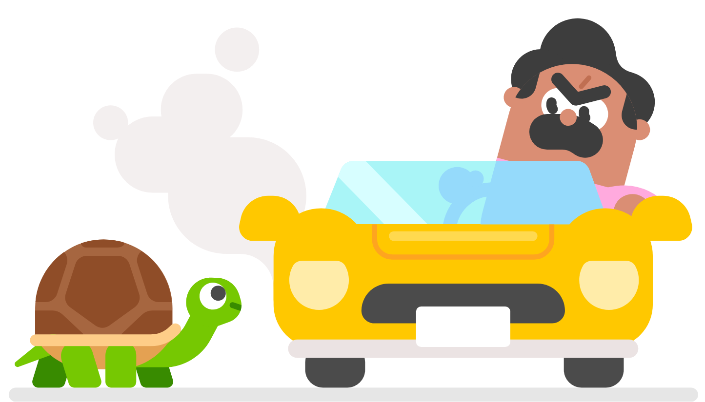 Oscar driving a yellow car and looking frustrated at a tortoise in the road.
