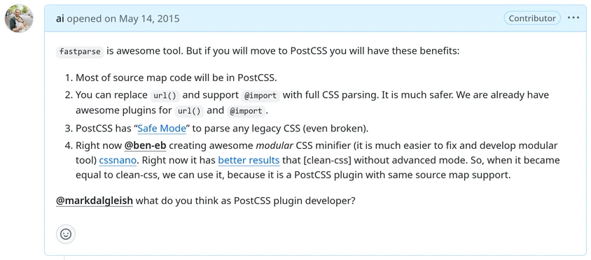 A GitHub issue where I asked the Webpack team to use PostCSS in css-loader