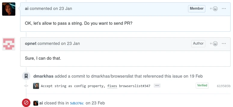 An issue example when Sitnik asks the user to send a PR