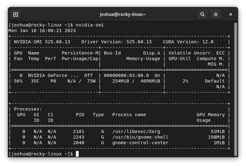 Nvidia-smi command output on Rocky Linux
