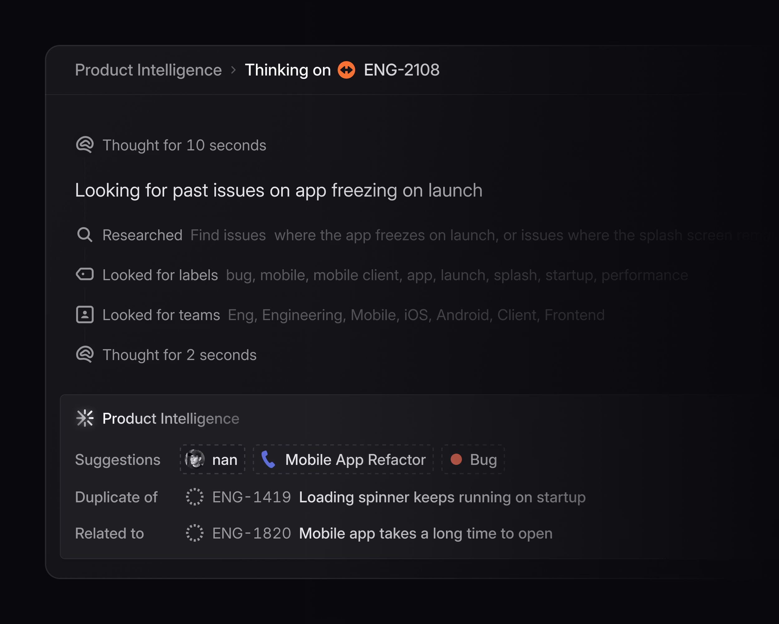 A screenshot of the Product Intelligence thinking panel.