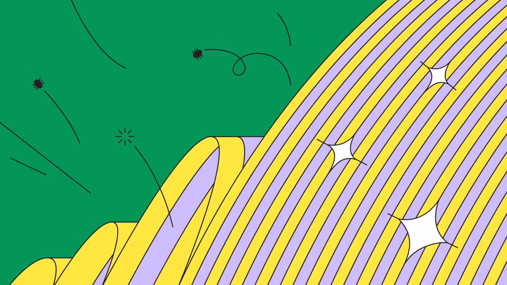 Abstract artwork with curved yellow and purple stripes against a green background decorated with sparkles and line accents.