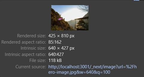 Card that appears when you hover over the src attribute of an img tag in the Browser's DevTools Elements Tab. Among other things, it shows the intrisic size as 640 x 427px and the file size as 31.2 kB.