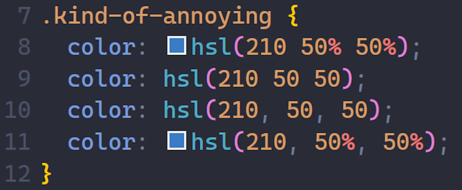 A screenshot of CSS code showing different ways to write an HSL color value inside a class selector named .kind-of-annoying. The lines demonstrate using percentage signs versus unitless numbers and commas versus spaces to separate the values.