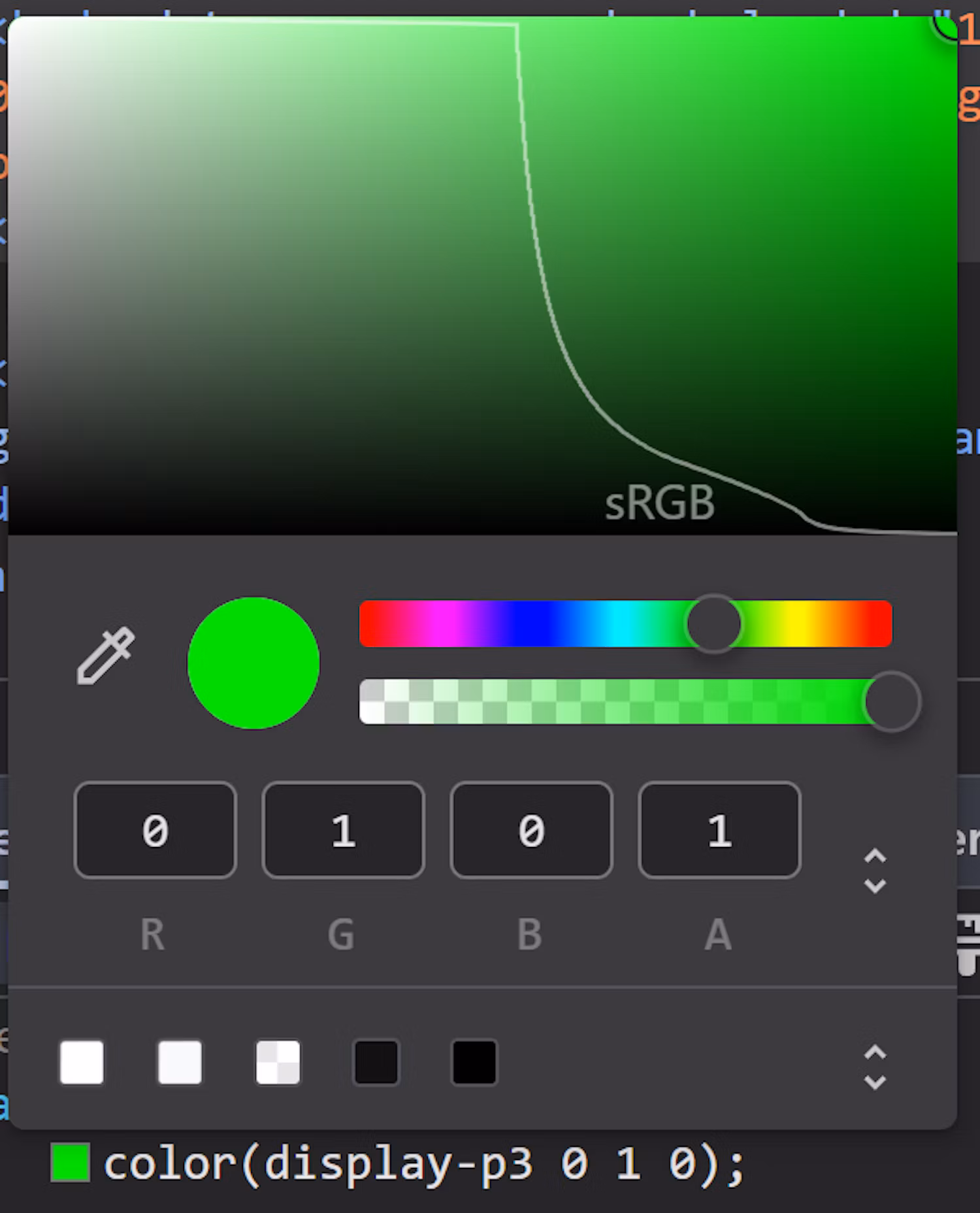 A colour picker shows a curved line, representing the available colours to the sRGB colour space