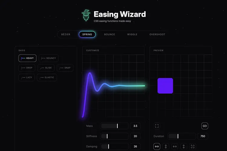 Screenshot of “Easing Wizard”, another tool designed to help you customize spring transitions. This tool also visualizes the animation, but instead of raw JavaScript code as the input, you control spring parameters like stiffness, damping, and mass.