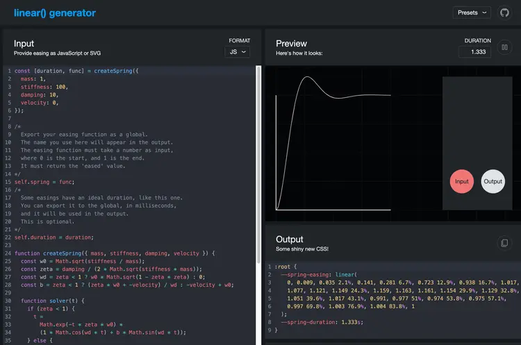 Screenshot of “linear-easing-generator”, a tool which has some JavaScript input on the left side and an animation visualization on the right, showing the result of the JavaScript calculations. At the bottom, the output CSS is shown, using linear(), and can be copied to use in your project