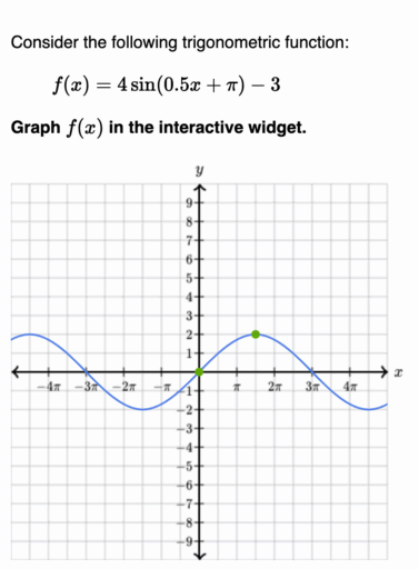 Graph of a sine function with two highlighted points on a coordinate grid.