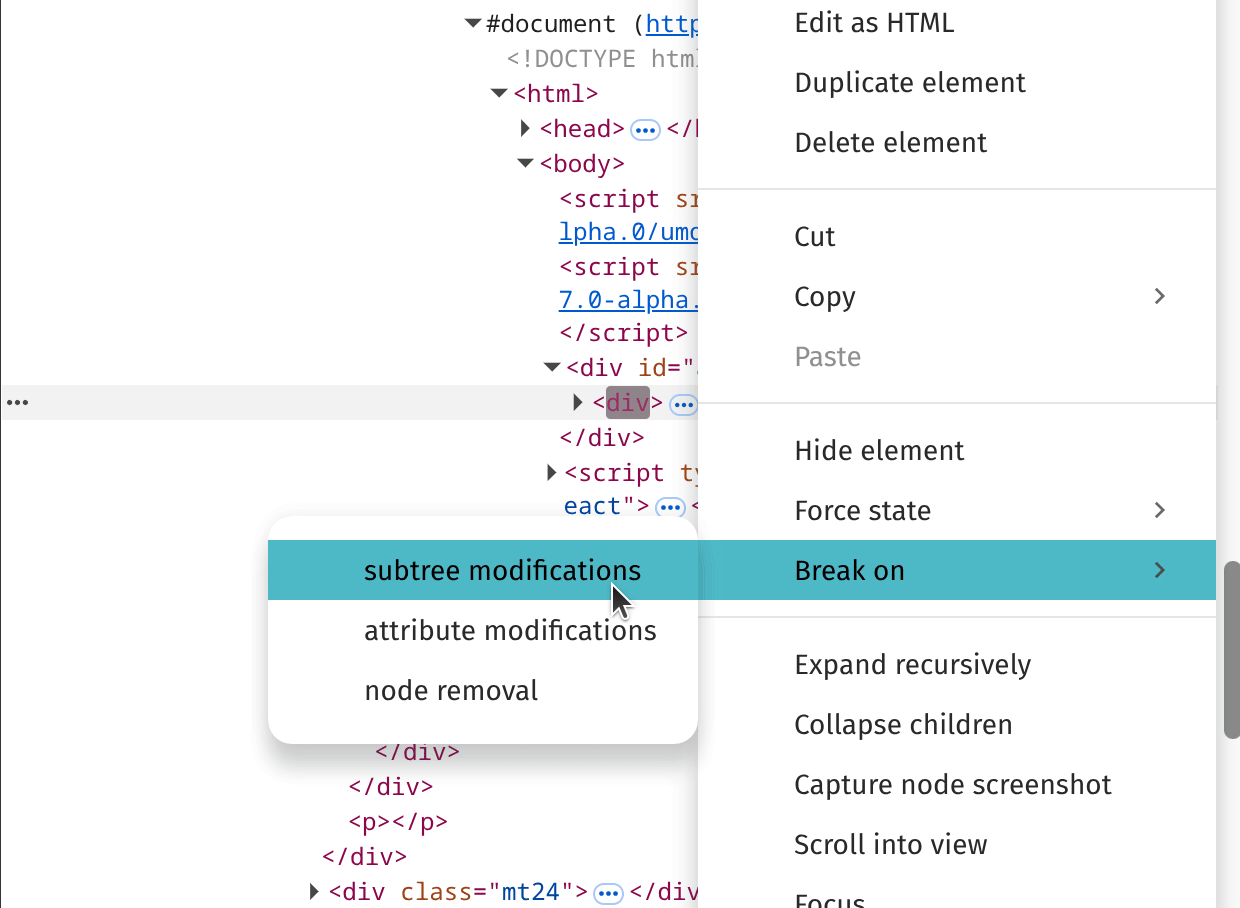Demonstration of adding a DOM breakpoint through the context menu