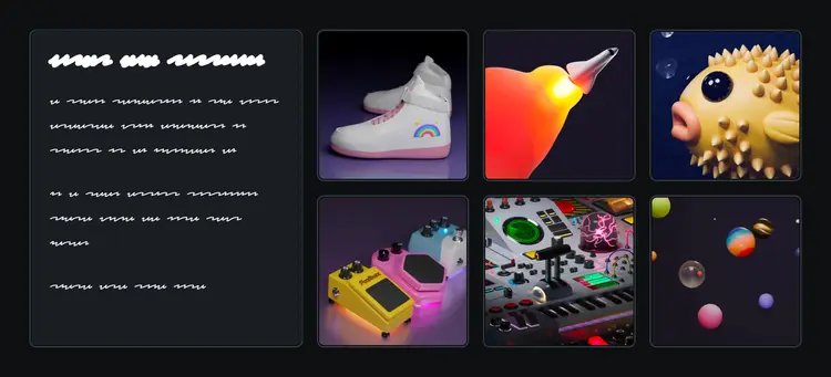 The same UI from above, with the four artist portfolio cards showing things like a pufferfish and a large machine. This time, the images are full-width and 140px tall, sitting above the heading and paragraph.