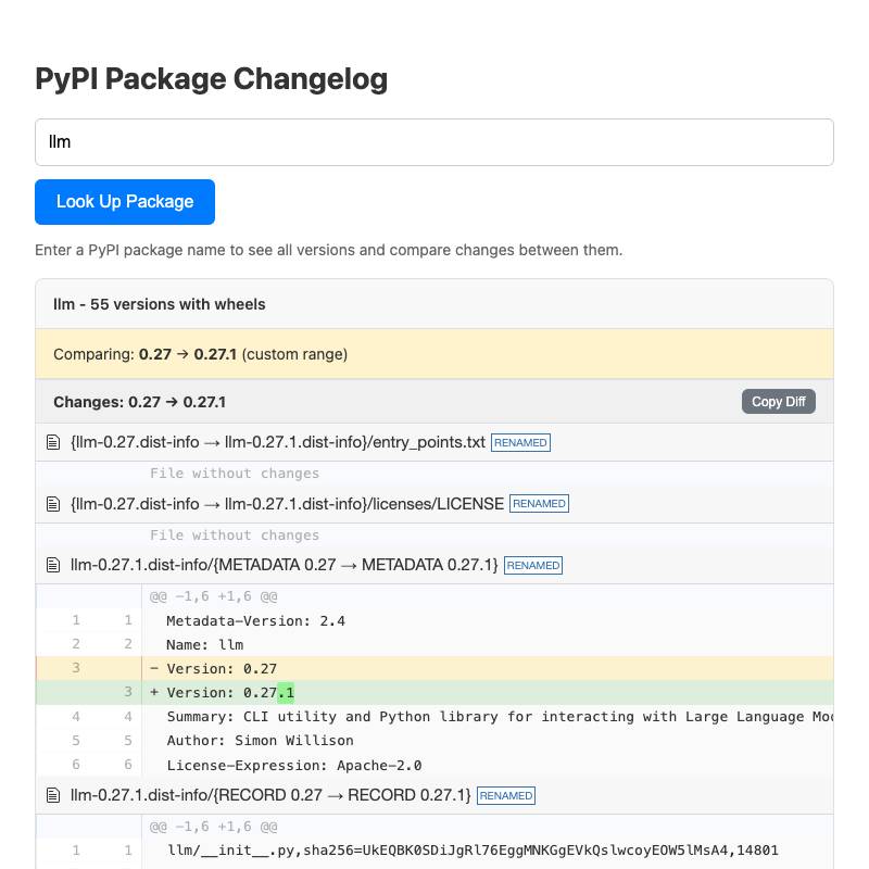 screenshot of pypi-changelog