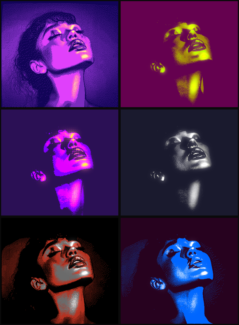 Six dithered portraits with different color palettes