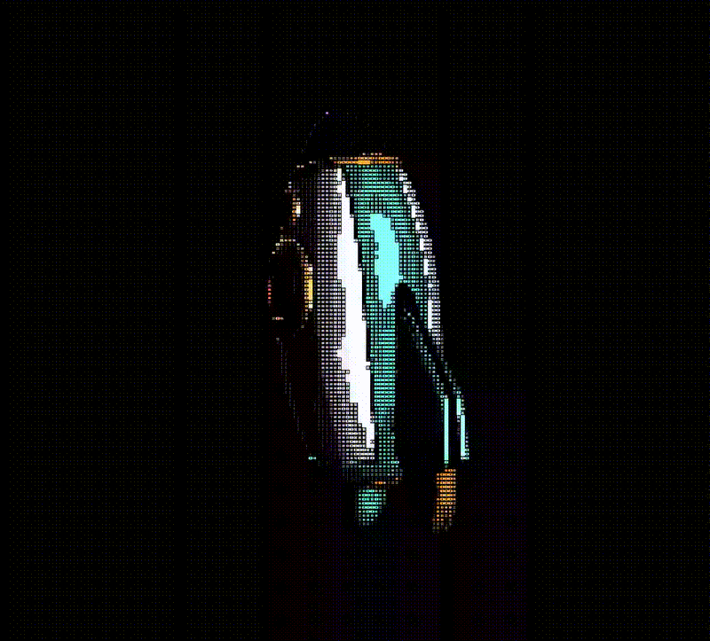 Animated 3D shape rendered as ASCII