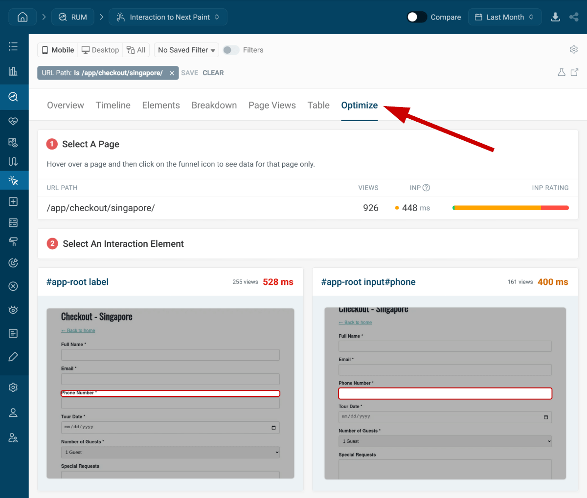 Interaction to Next Paint Optimize tab in DebugBear Real User Monitoring