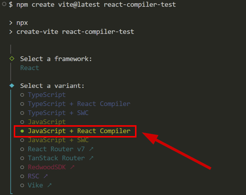 Vite installation wizard in command line