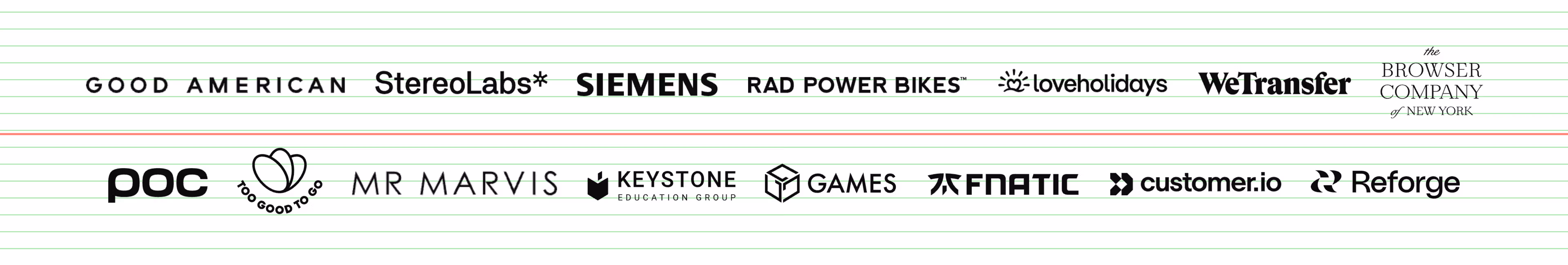 Logos of Good American, StereoLabs, Siemens, Rad Power Bikes, Loveholidays, WeTransfer, The Browser Company of New York, POC, Mr Marvis, Keystone Education Group, Games, Fnatic, Customer.io, and Reforge.
