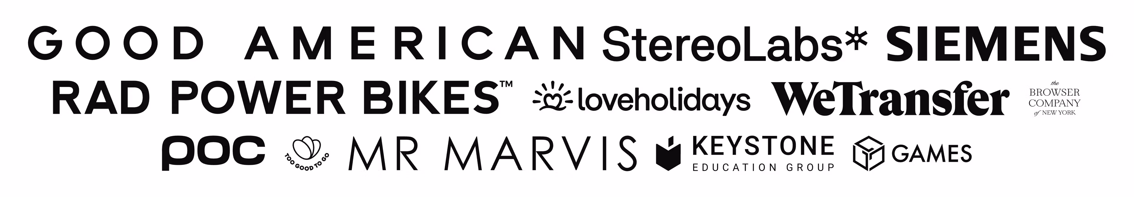 Logos for Good American, StereoLabs, Siemens, Rad Power Bikes, loveholidays, WeTransfer, The Browser Company of New York, POC, Mr Marvis, Keystone Education Group, and Games.