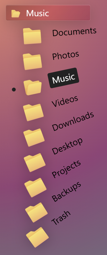 A single column of folder icons with labels on the right. Each folder is slightly rotated more as the list goes down.