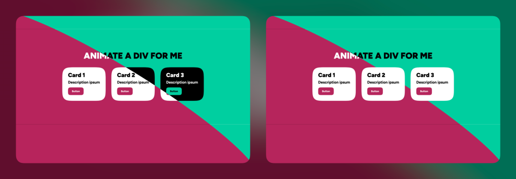 Side-by-side comparison showing blend mode applied on the left and excluded from cards placed in the layout on the right, preventing the card backgrounds from changing.
