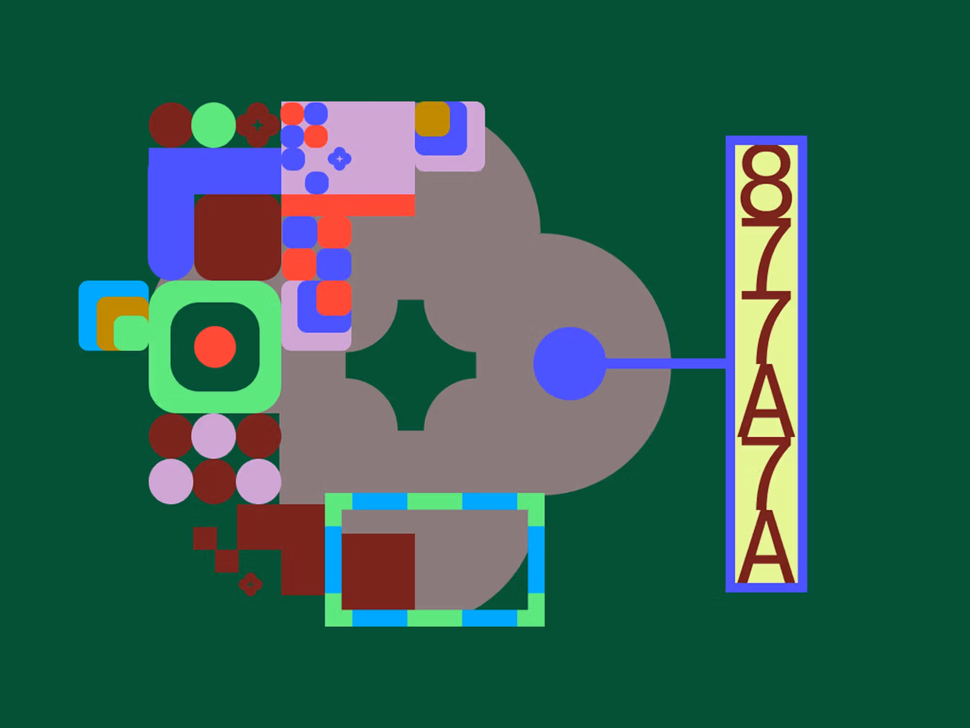 Abstract composition of colorful geometric shapes surrounding a cloud-like form connected to a vertical panel of stylized numbers.