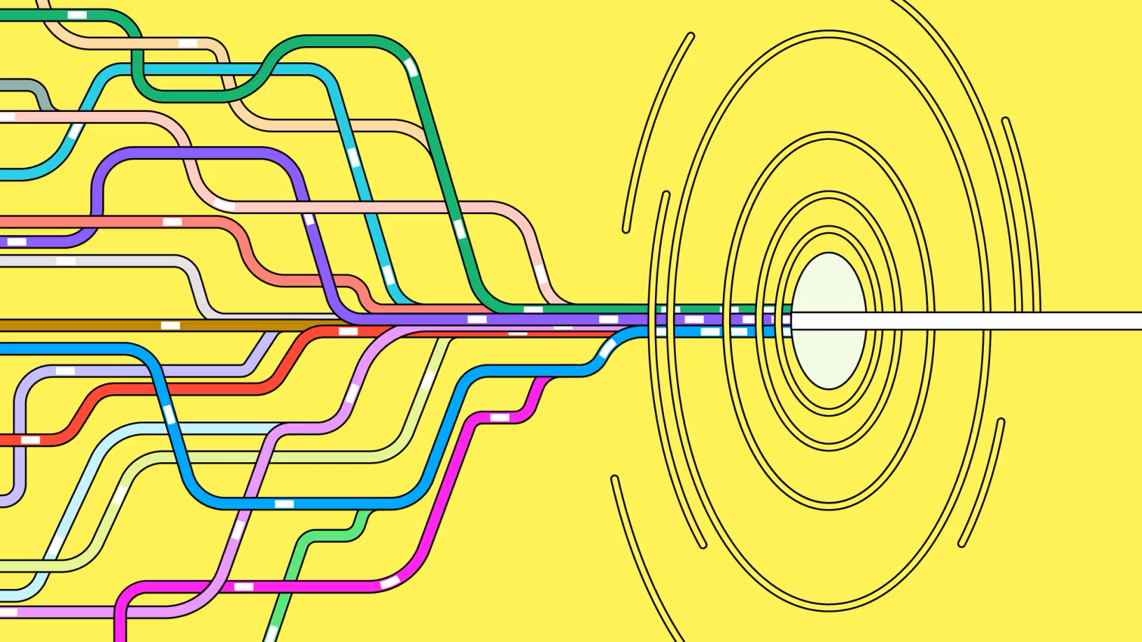 Colorful, intertwined transit-like lines converge into a central tunnel or portal on a bright yellow background.
