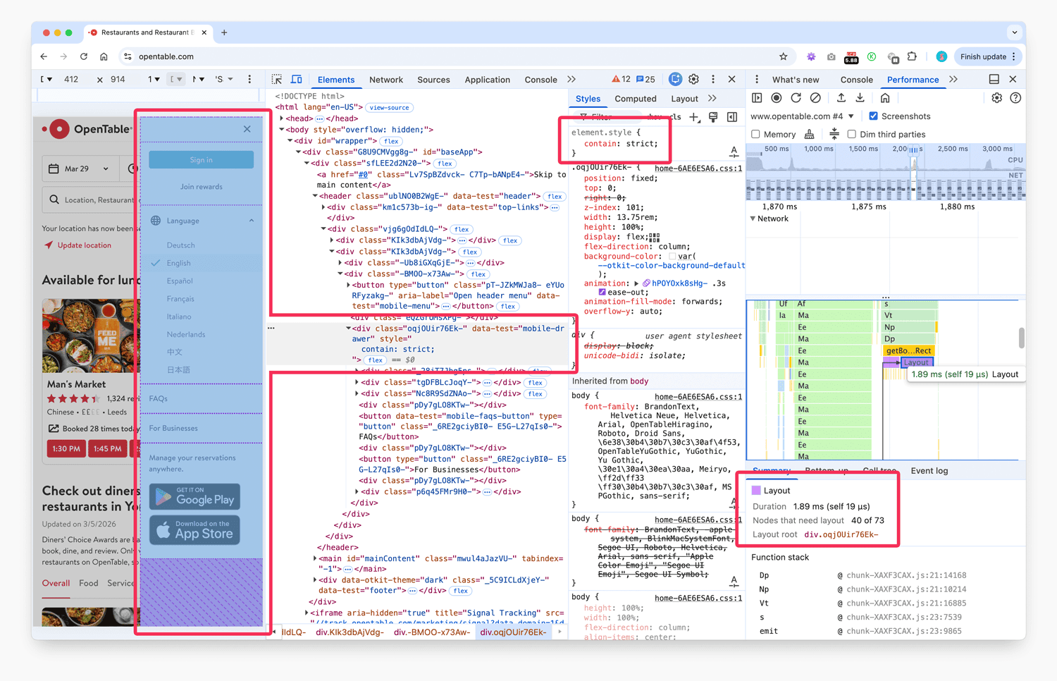 Chrome DevTools performance profile showing OpenTable’s mobile drawer after applying contain: strict. The layout root is now the drawer itself, touching 73 nodes and laying out 40 of them in 1.89 milliseconds.