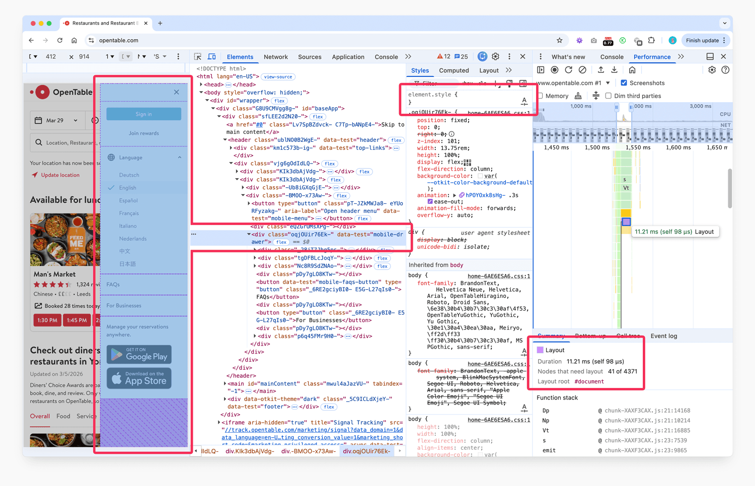 Chrome DevTools performance profile showing OpenTable’s mobile drawer before containment. Opening the language switcher triggers a layout rooted at the whole document, touching 4,371 nodes and laying out 41 of them in 11.21 milliseconds.