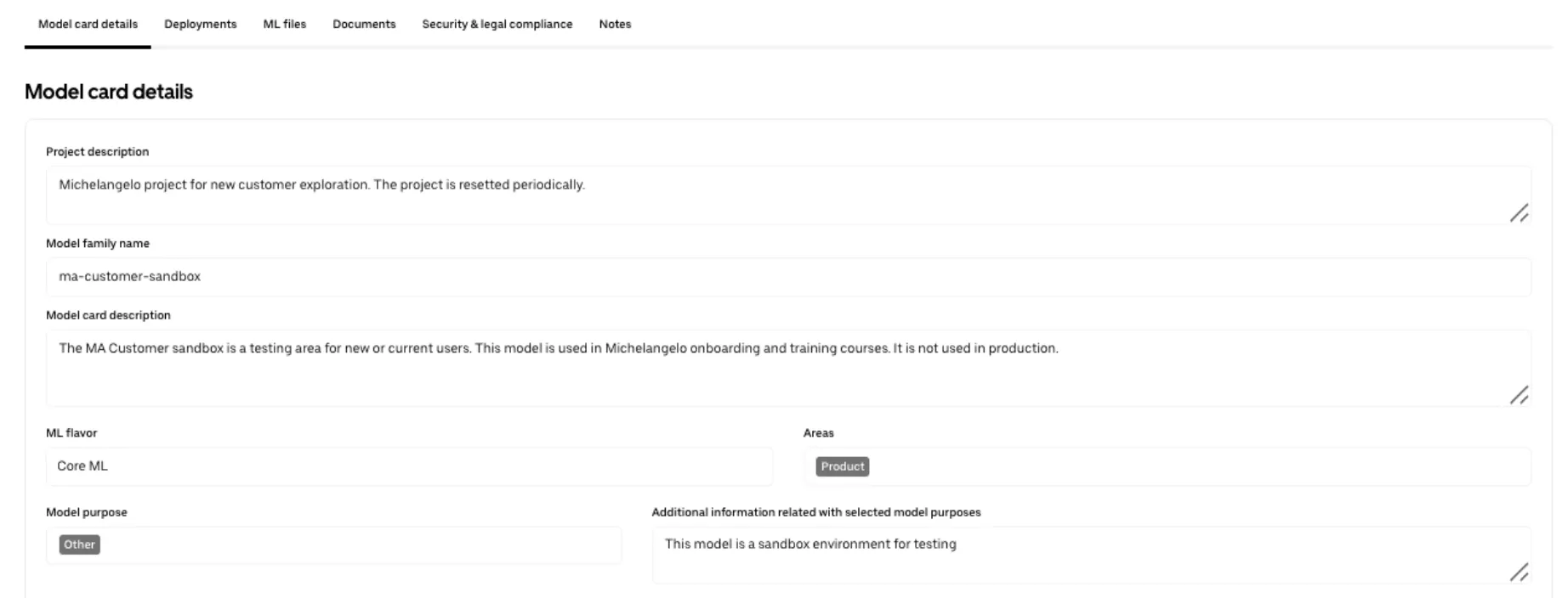 Model card details form for a Michelangelo project, including fields for project description, model family name, model card description, ML flavor (Core ML), areas (Product), model purpose (Other), and additional information stating the model is a sandbox environment for testing.