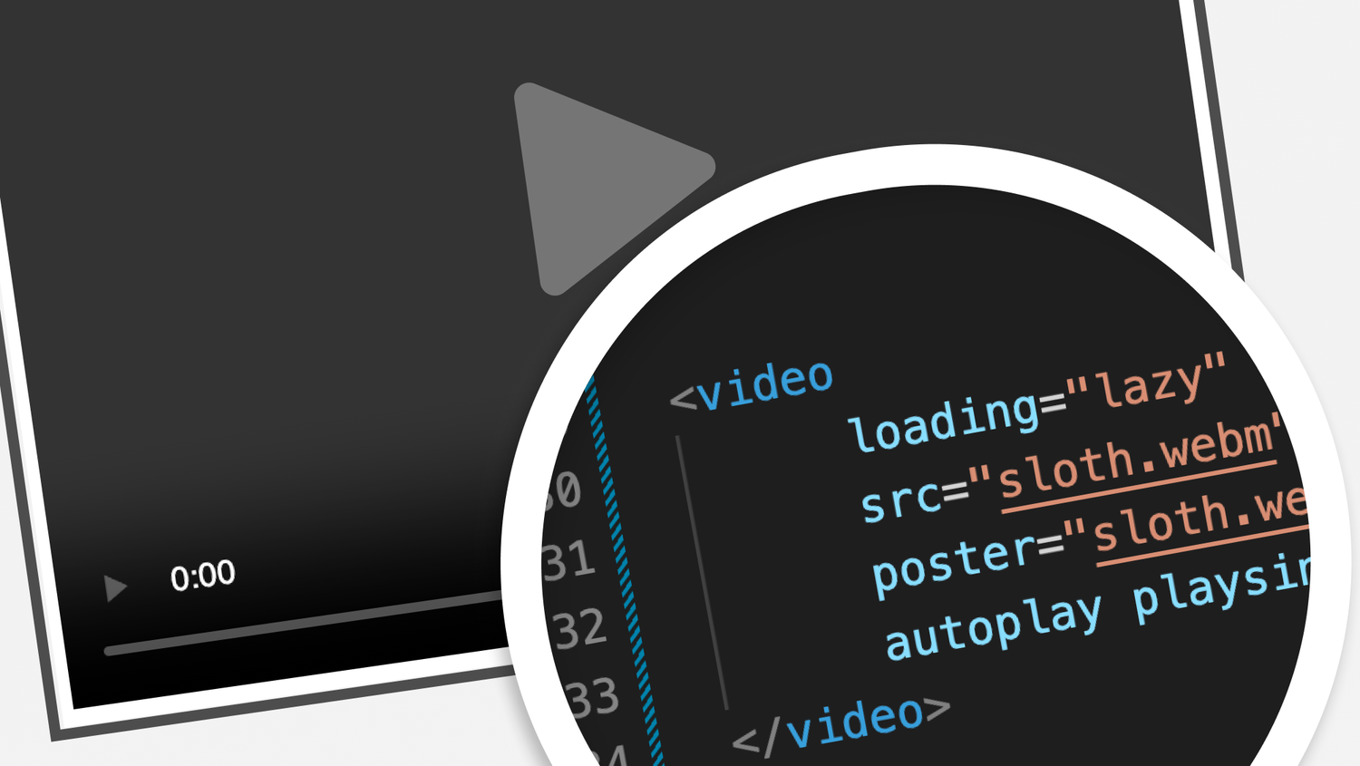 Figure 1 – An illustration of a web video player with a highlighted code overlay showing an HTML video element with lazy loading