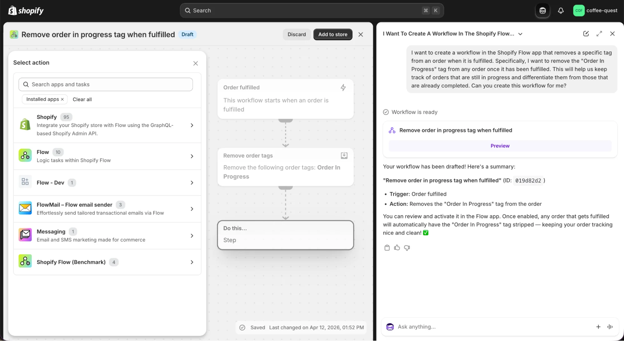 Shopify Admin showing Flow