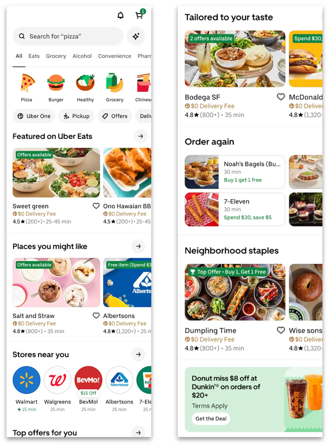 Food delivery app interface displaying restaurant and grocery options, special offers, and categories like pizza, burger, healthy, and grocery. Various restaurants and stores are shown with ratings, delivery times, and promotional deals such as free delivery and buy one get one free.