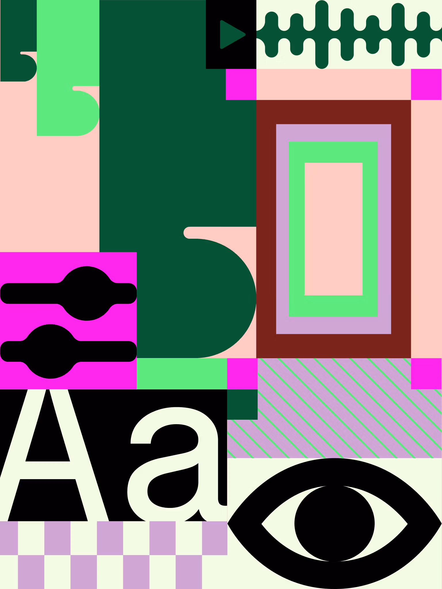 Abstract geometric collage featuring bright shapes, letters, and an eye symbol in pink, green, black, and cream tones.