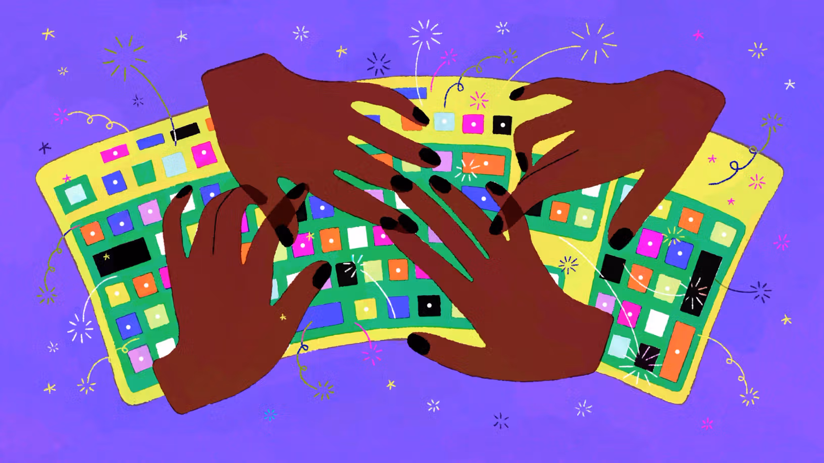 Illustration of four hands with black-painted nails typing across three colorful keyboards against a purple background, surrounded by festive sparkles and confetti-like flourishes that suggest lively collaboration.