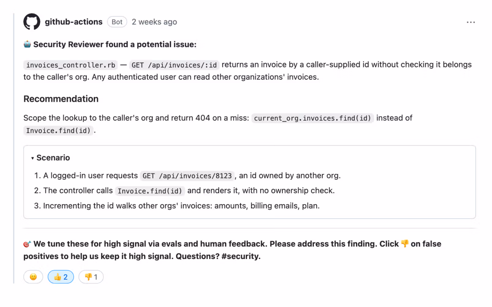 AI security reviewer comment on a GitHub pull request identifying an insecure object reference and recommending scoping invoice lookups to the authenticated user's organization.