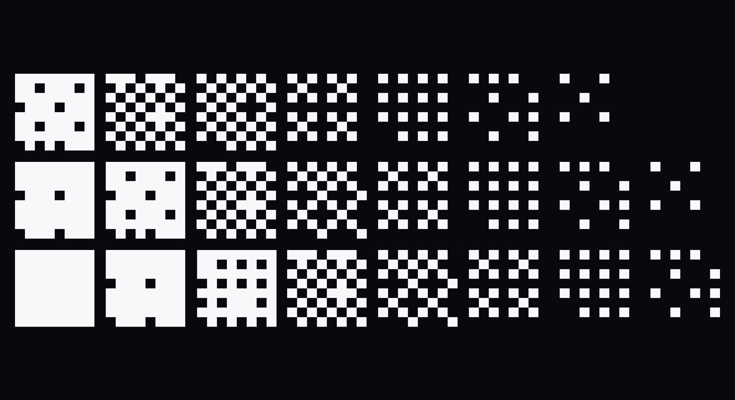 Rows of white pixelated grid patterns on a black background, transitioning from dense solid blocks on the left to sparse scattered squares on the right.