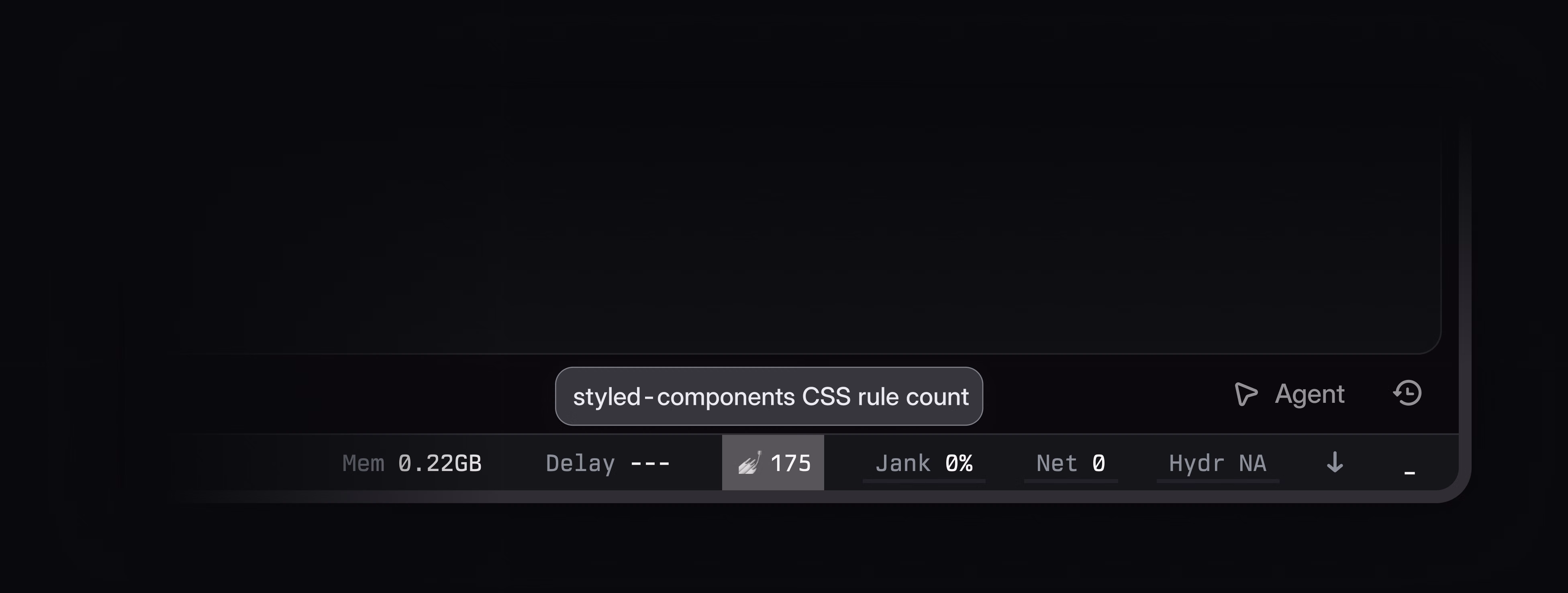 Dark-themed interface showing a performance toolbar. A tooltip reading “styled-components CSS rule count” points to a highlighted metric showing a broom icon and the value 175, alongside Delay, Jank, Net, and Hydr metrics