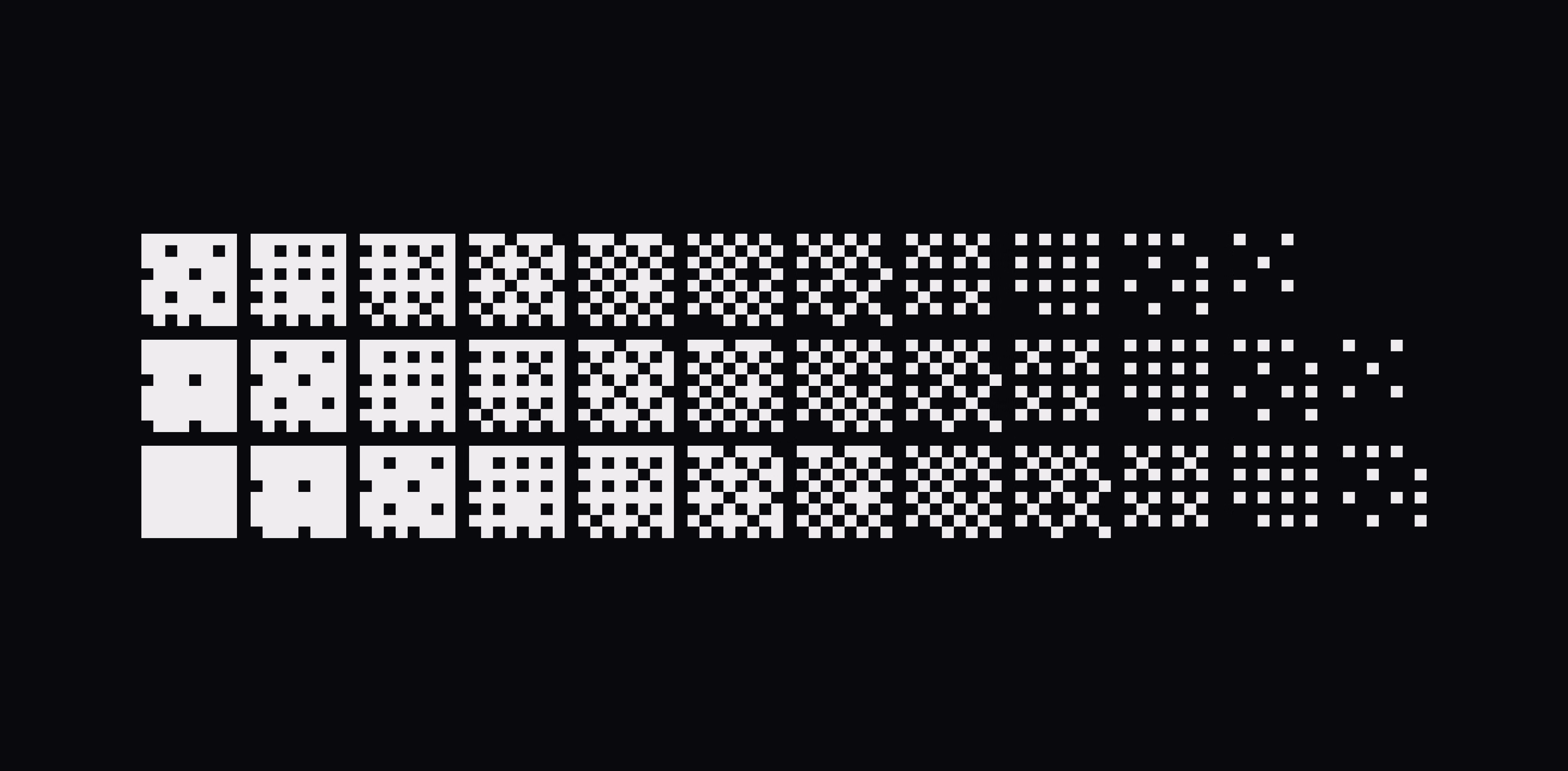 Rows of white pixelated grid patterns on a black background, transitioning from dense solid blocks on the left to sparse scattered squares on the right.