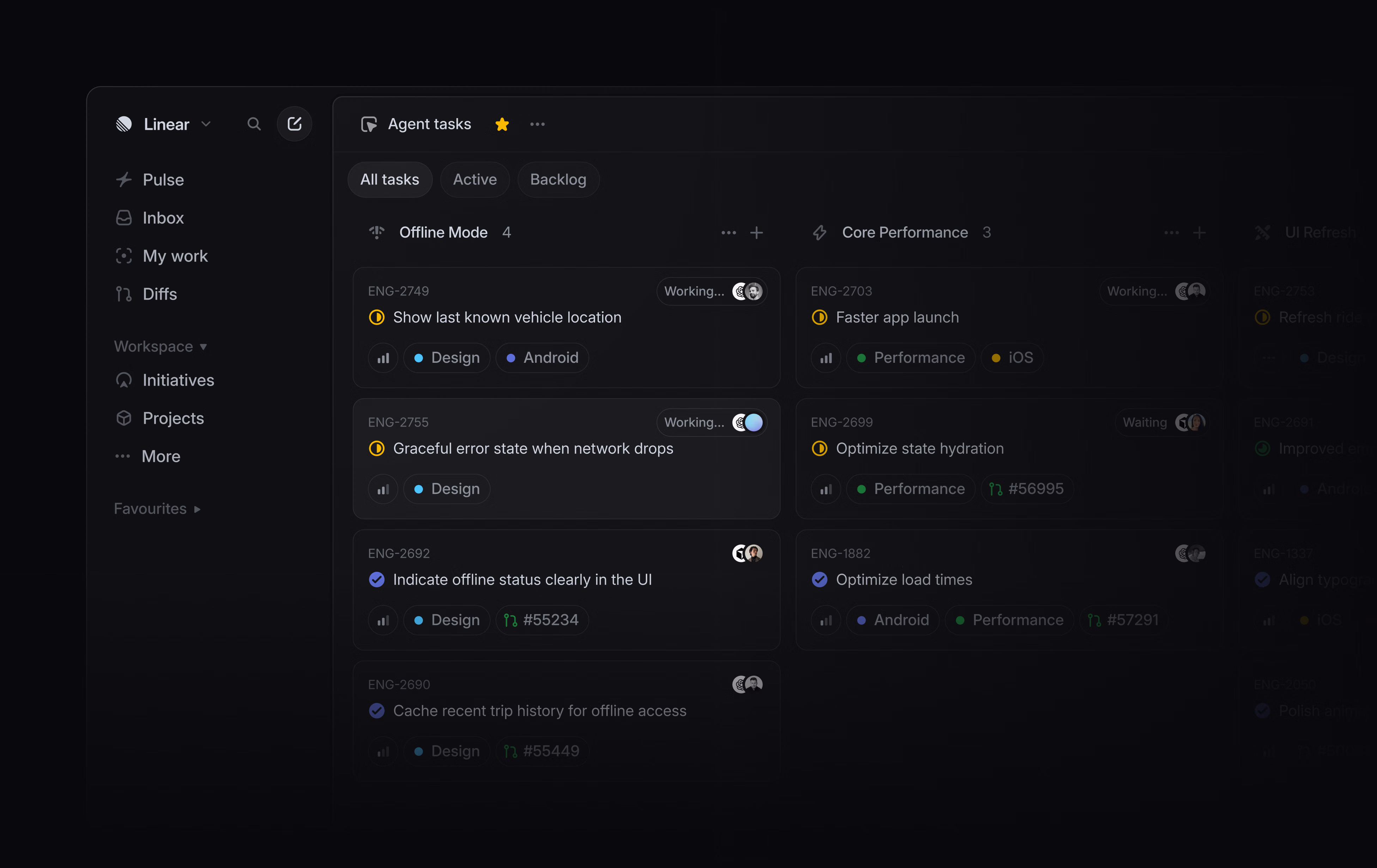 Dark-themed Linear workspace showing an “Agent tasks” board with task cards organized into columns such as Offline Mode and Core Performance, with filters, labels, assignees, and issue IDs visible.